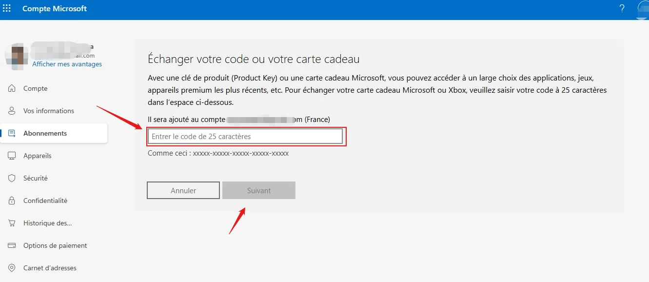 Illustration de l’étape 1 : Echanger la clé via la page de redemption Microsoft